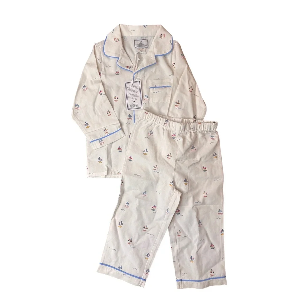 Petite Plume Boys Bateau Classic Pajama Set Sailboat Cream Blue SPJB102 Size 2
